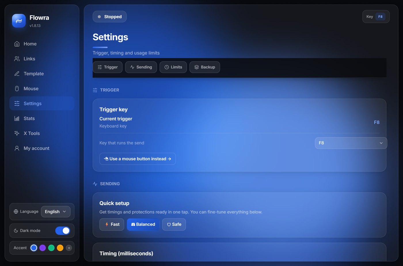 Flowra — Settings with trigger key and usage limits